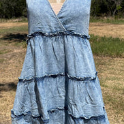 Vanilla Monkey brand. This denim sundress is lightweight, washed denim with ruffle detail and tiered design. S, M, L, XL. $38