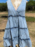 Vanilla Monkey brand. This denim sundress is lightweight, washed denim with ruffle detail and tiered design. S, M, L, XL. $38