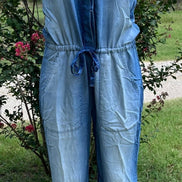 42POPS brand. Sleeveless Chambray jumpsuit with pockets, a drawstring waist and ankle cuffs. S, M, L, XL $28