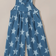 Aapparella star print button strap denim overalls featuring adjustable straps and front pockets on a light blue denim background.