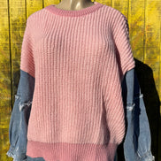Light blue frayed denim sleeve sweater by ADORA LA featuring a cozy knit body and distressed denim cuffs.