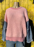 Light blue frayed denim sleeve sweater by ADORA LA featuring a cozy knit body and distressed denim cuffs.