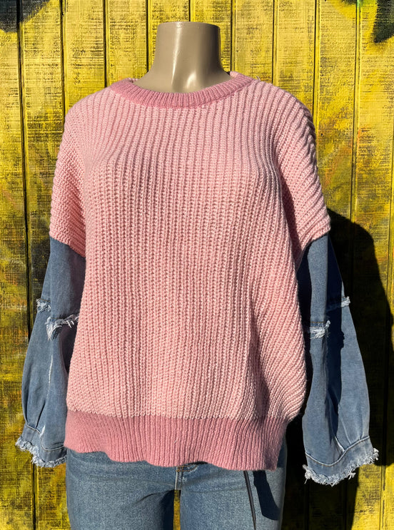 Light blue frayed denim sleeve sweater by ADORA LA featuring a cozy knit body and distressed denim cuffs.