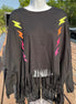Vanilla Monkey brand. Long sleeved, cropped front, fringed top with yellow, orange and pink sequined lightning detail.