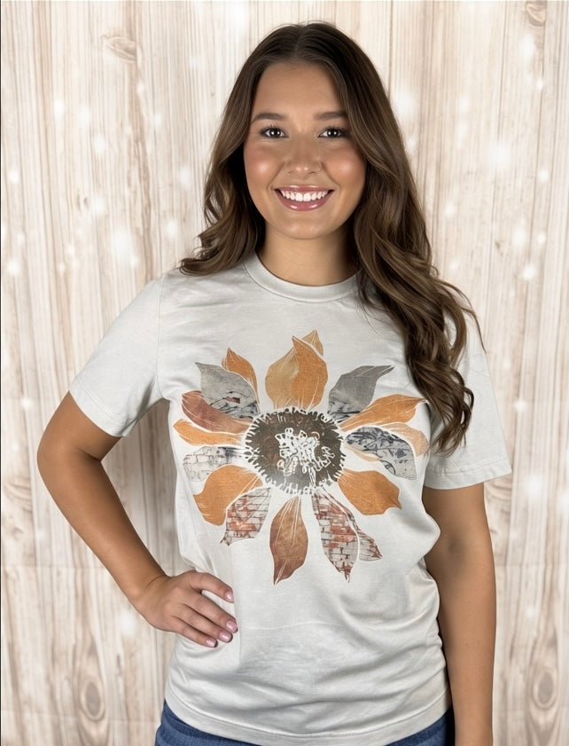 Par.tees by Party On! Grunge sunflower graphic top featuring a casual, trendy design with a relaxed fit and bold sunflower print.