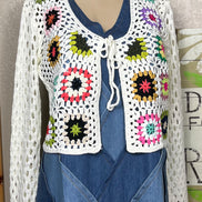 ADORA LA front tie crocheted cardigan shown in a full-length view, featuring a lightweight knit with a front tie closure.