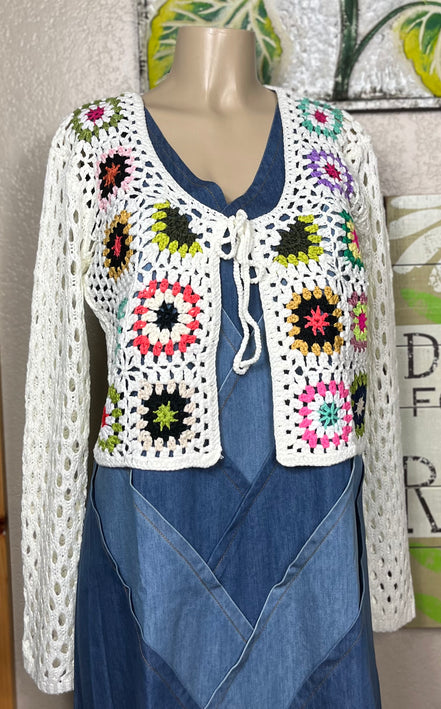 ADORA LA front tie crocheted cardigan shown in a full-length view, featuring a lightweight knit with a front tie closure.