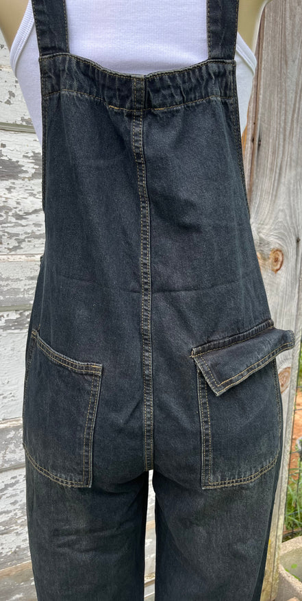 ADORA LA washed denim casual overalls displayed full-length, showing classic design with adjustable straps and front pockets.