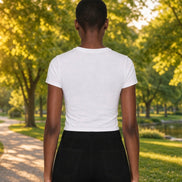 Popular 21 cotton crew neck short sleeve crop top, front view showing fitted style and soft fabric in natural light.