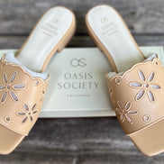 Oasis Society apricot flower cutout sandals with open toe and ankle strap on a neutral background.