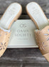 Oasis Society apricot flower cutout sandals with open toe and ankle strap on a neutral background.