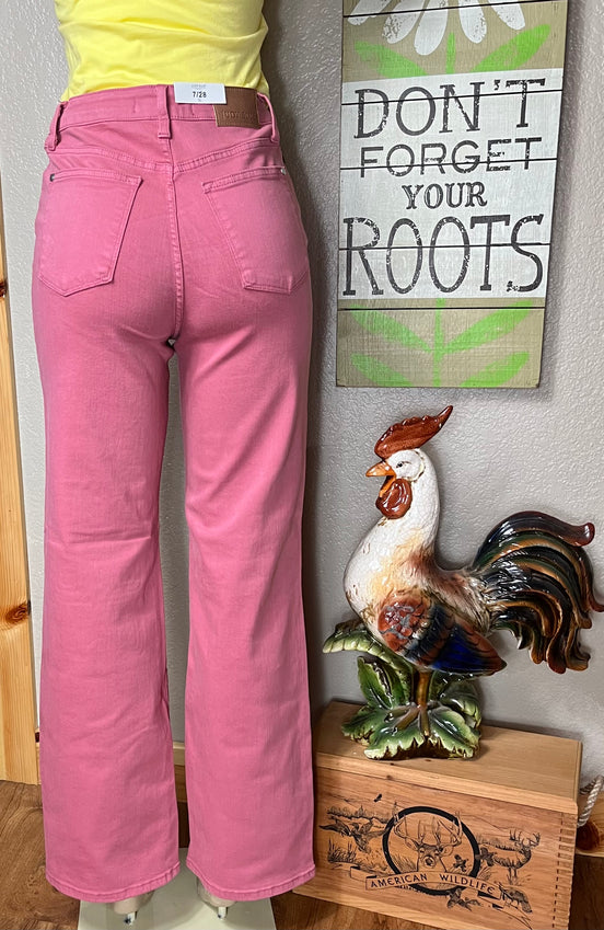 Full-length Judy Blue wide-leg jeans with crocheted patch details and a relaxed fit, showcasing trendy denim style.