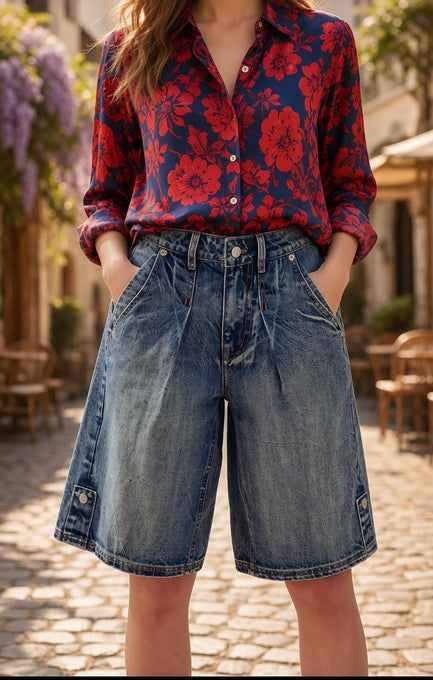 Urban Daizy wide-leg utility denim Bermuda shorts shown from the front, featuring a relaxed fit, pockets, and a casual style.
