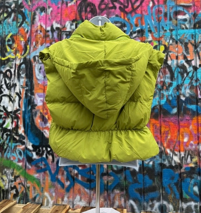Miss Sparkling hooded cropped puffer vest, stylish outerwear with a padded design and hood, shown in full view.