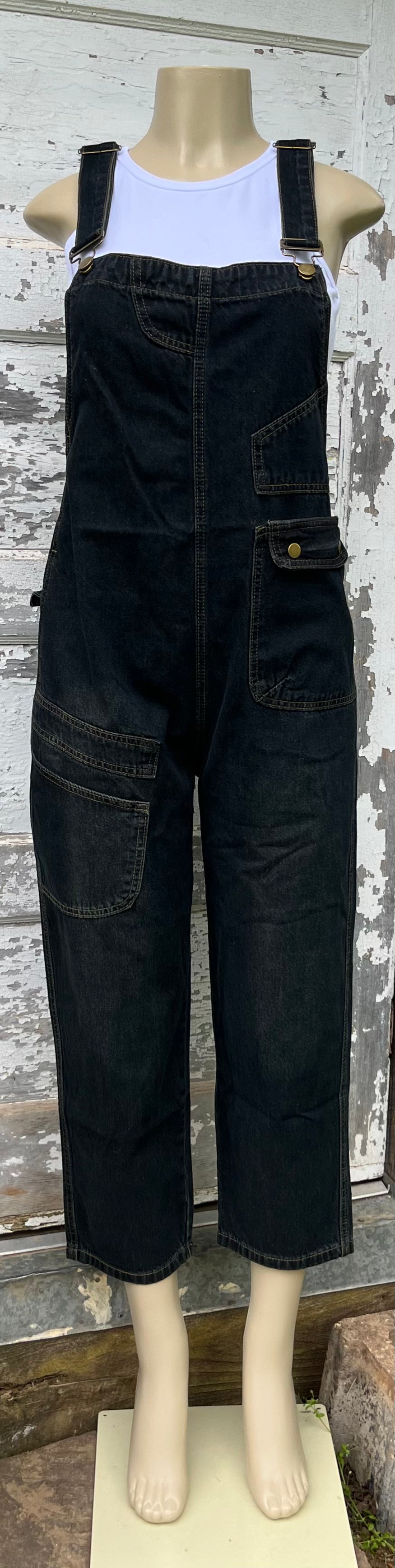 ADORA LA washed denim casual overalls worn by a person, featuring adjustable straps and front pockets, in a relaxed fit.