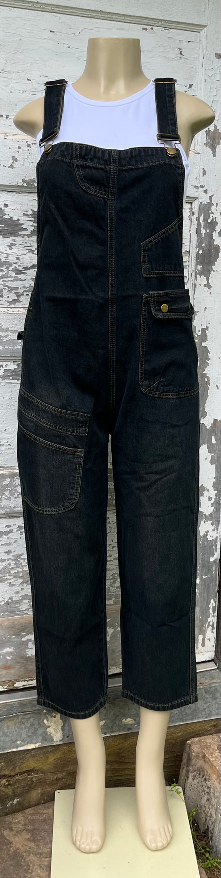 ADORA LA washed denim casual overalls worn by a person, featuring adjustable straps and front pockets, in a relaxed fit.