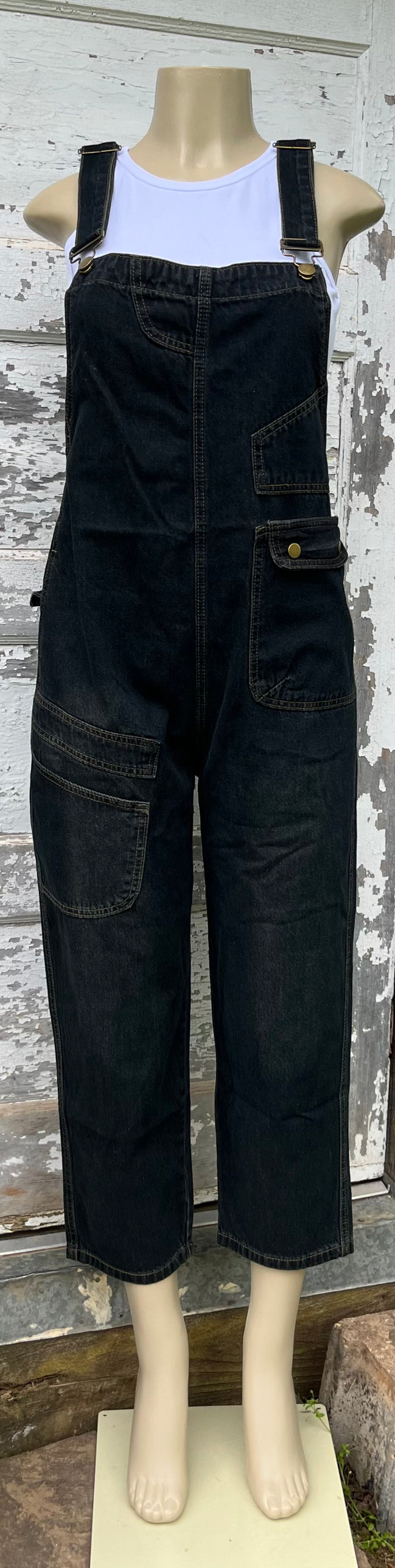 ADORA LA washed denim casual overalls worn by a person, featuring adjustable straps and front pockets, in a relaxed fit.