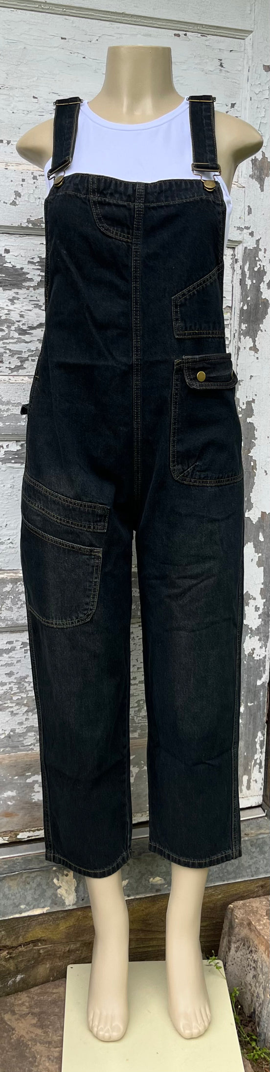 ADORA LA washed denim casual overalls worn by a person, featuring adjustable straps and front pockets, in a relaxed fit.