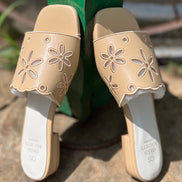 Oasis Society apricot flower cutout sandals with ankle straps and floral design, showcasing stylish summer footwear.