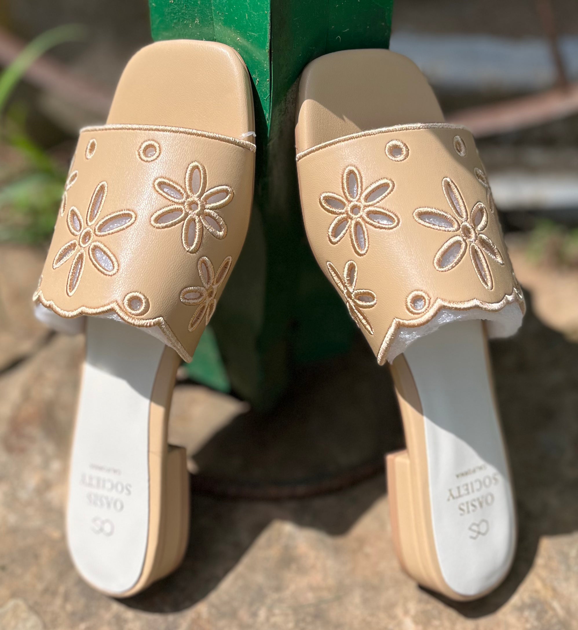 Oasis Society apricot flower cutout sandals with ankle straps and floral design, showcasing stylish summer footwear.