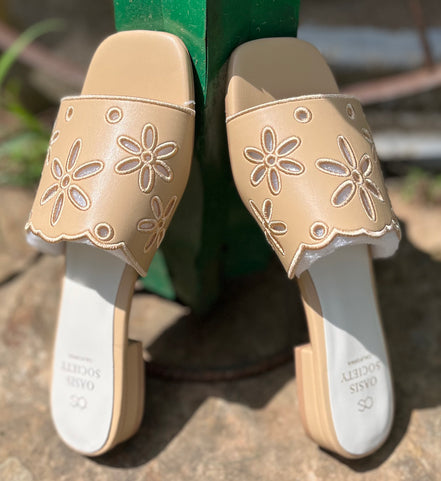 Oasis Society apricot flower cutout sandals with ankle straps and floral design, showcasing stylish summer footwear.