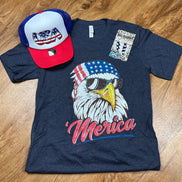 Front view of a patriotic T-shirt by Southern Attitude Designs Inc, featuring red, white, and blue American flag-inspired graphics.