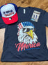 Front view of a patriotic T-shirt by Southern Attitude Designs Inc, featuring red, white, and blue American flag-inspired graphics.