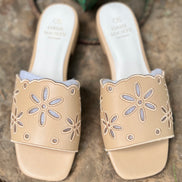 Oasis Society apricot flower cutout sandals with open toes and decorative flower details, stylish summer footwear.