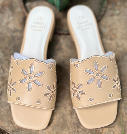 Oasis Society apricot flower cutout sandals with open toes and decorative flower details, stylish summer footwear.