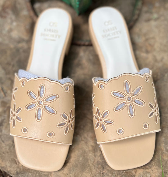 Oasis Society apricot flower cutout sandals with open toes and decorative flower details, stylish summer footwear.