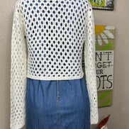 ADORA LA front tie crocheted cardigan showing detailed open-knit pattern and front tie closure, casual and stylish layered look.