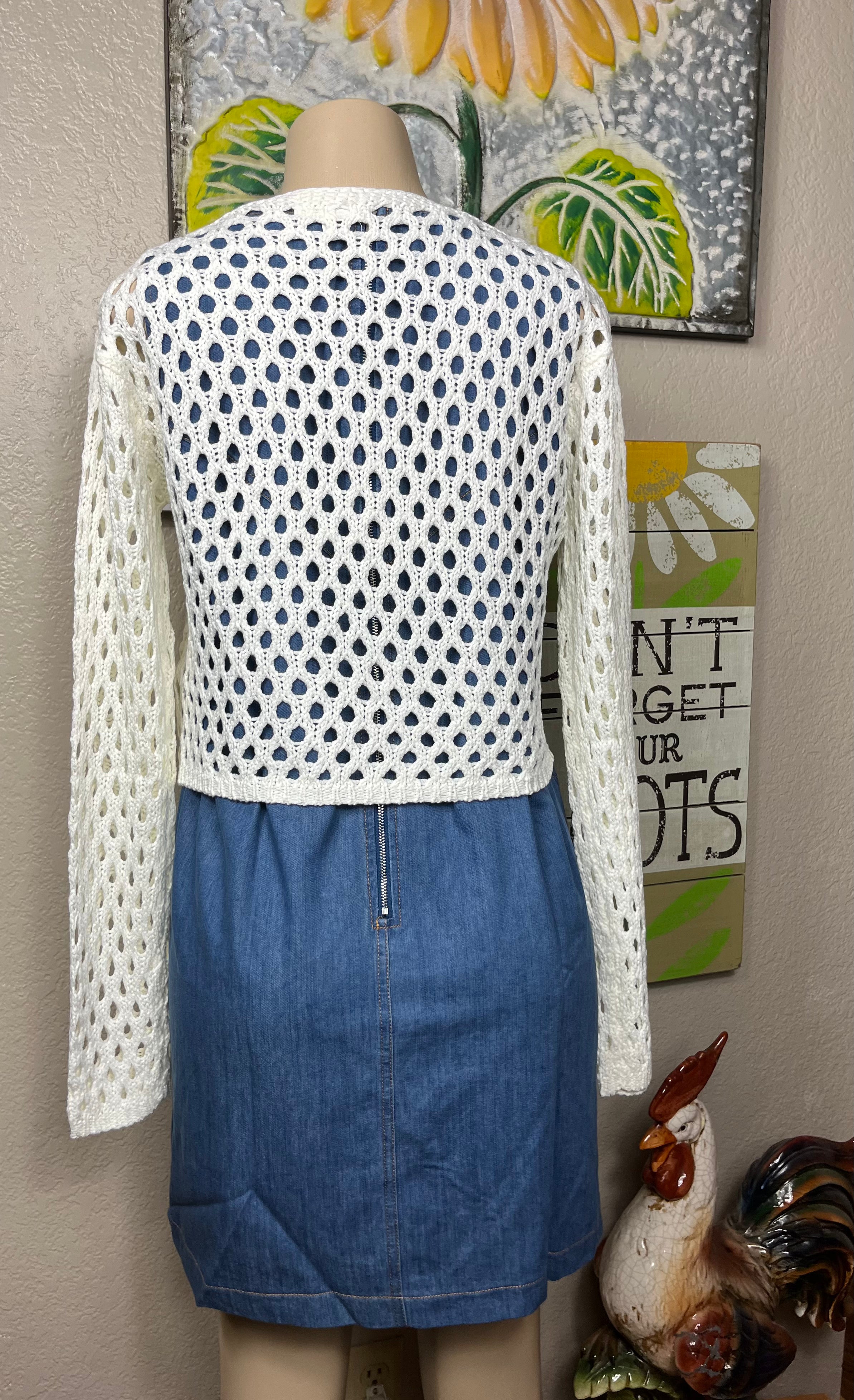 ADORA LA front tie crocheted cardigan showing detailed open-knit pattern and front tie closure, casual and stylish layered look.