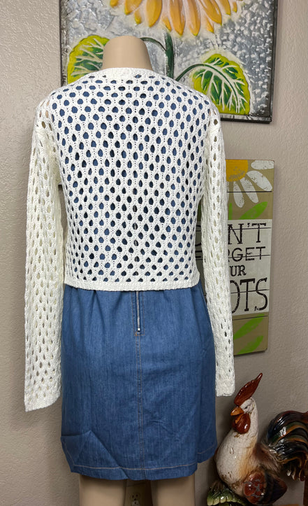 ADORA LA front tie crocheted cardigan showing detailed open-knit pattern and front tie closure, casual and stylish layered look.