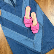 Color block denim dress by ADORA LA, full view showing the stylish design and vibrant color blocks on the casual denim dress.