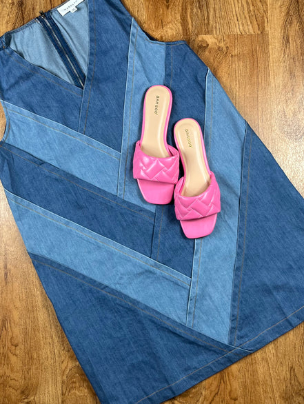 Color block denim dress by ADORA LA, full view showing the stylish design and vibrant color blocks on the casual denim dress.
