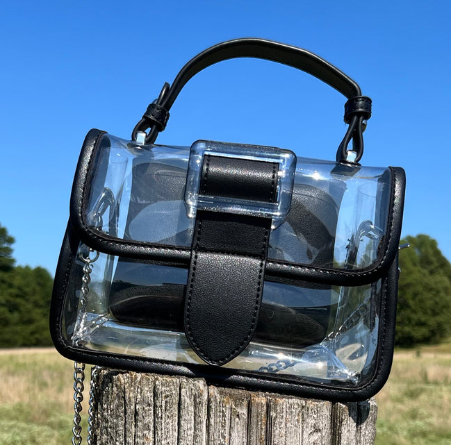 Miss Sparkling translucent buckle purse showing clear plastic material and silver buckle detail on a plain background.
