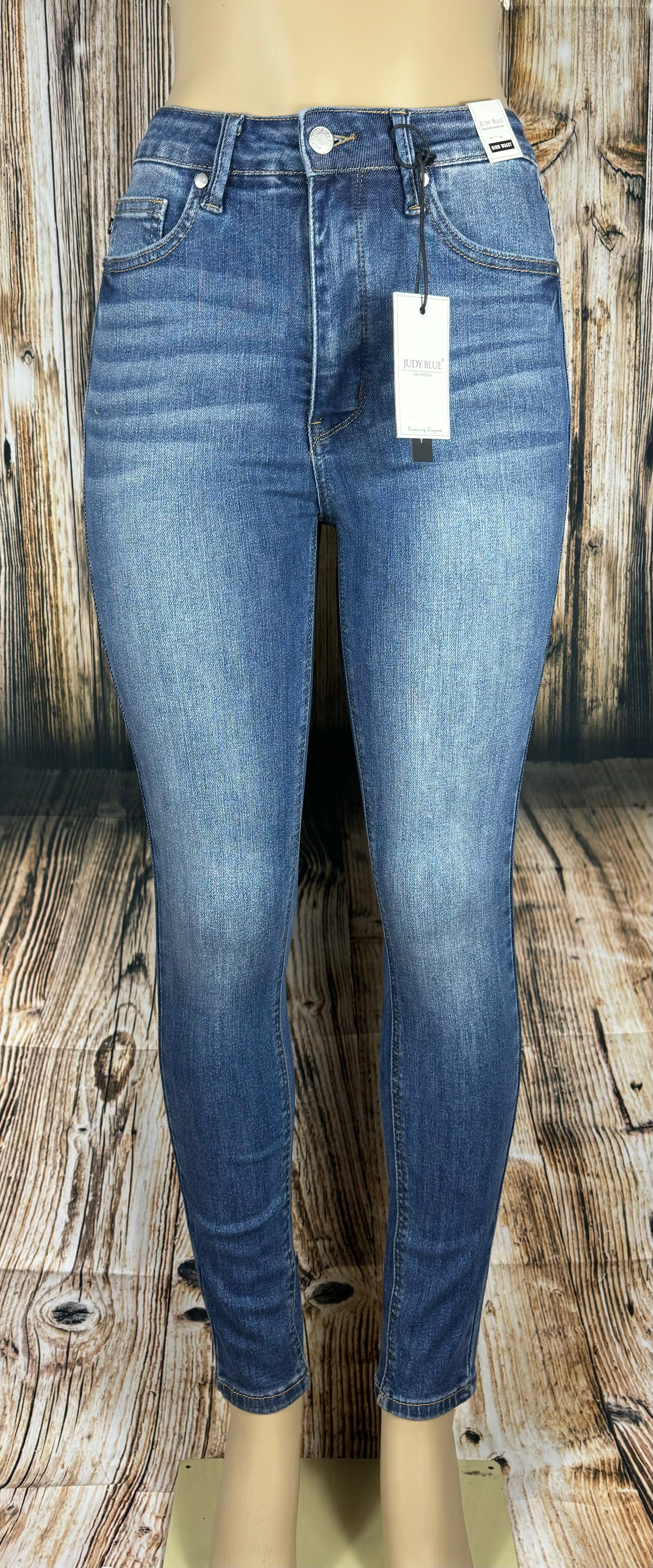 Full-length image of Judy Blue Classic Skinny jeans showing the fit and dark wash denim style.