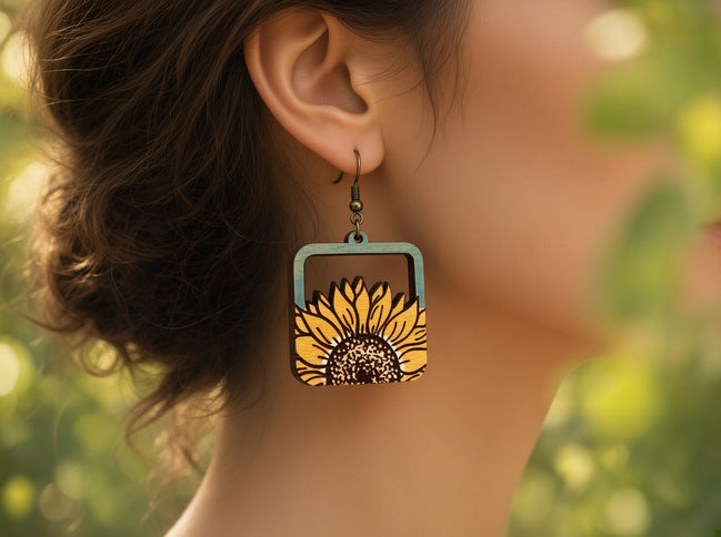 Hand-painted maple wood sunflower earrings by Seasideblooms featuring boho style and vibrant floral design.