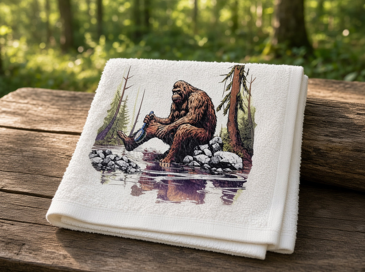 Brightly colored Bathing Bigfoot 3-piece towel set by Squatchin’ Country featuring Bigfoot designs on soft cotton towels.