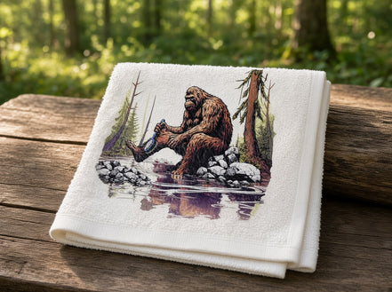 Brightly colored Bathing Bigfoot 3-piece towel set by Squatchin’ Country featuring Bigfoot designs on soft cotton towels.