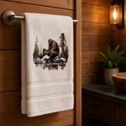 Squatchin’ Country Bathing Bigfoot 3-piece towel set with Bigfoot design, soft cotton, ideal for novelty bathroom decor.