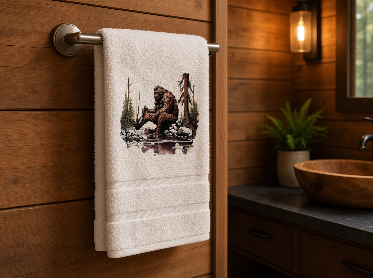 Squatchin’ Country Bathing Bigfoot 3-piece towel set with Bigfoot design, soft cotton, ideal for novelty bathroom decor.