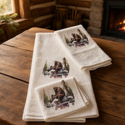 Squatchin’ Country Bathing Bigfoot 3-piece towel set with Bigfoot footprint and playful design for novelty bathroom decor.