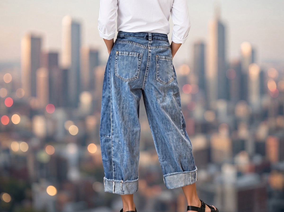 Aapparella stitched raw hem wide-leg loose jeans, showing the relaxed fit and distressed raw hem detail on denim pants.