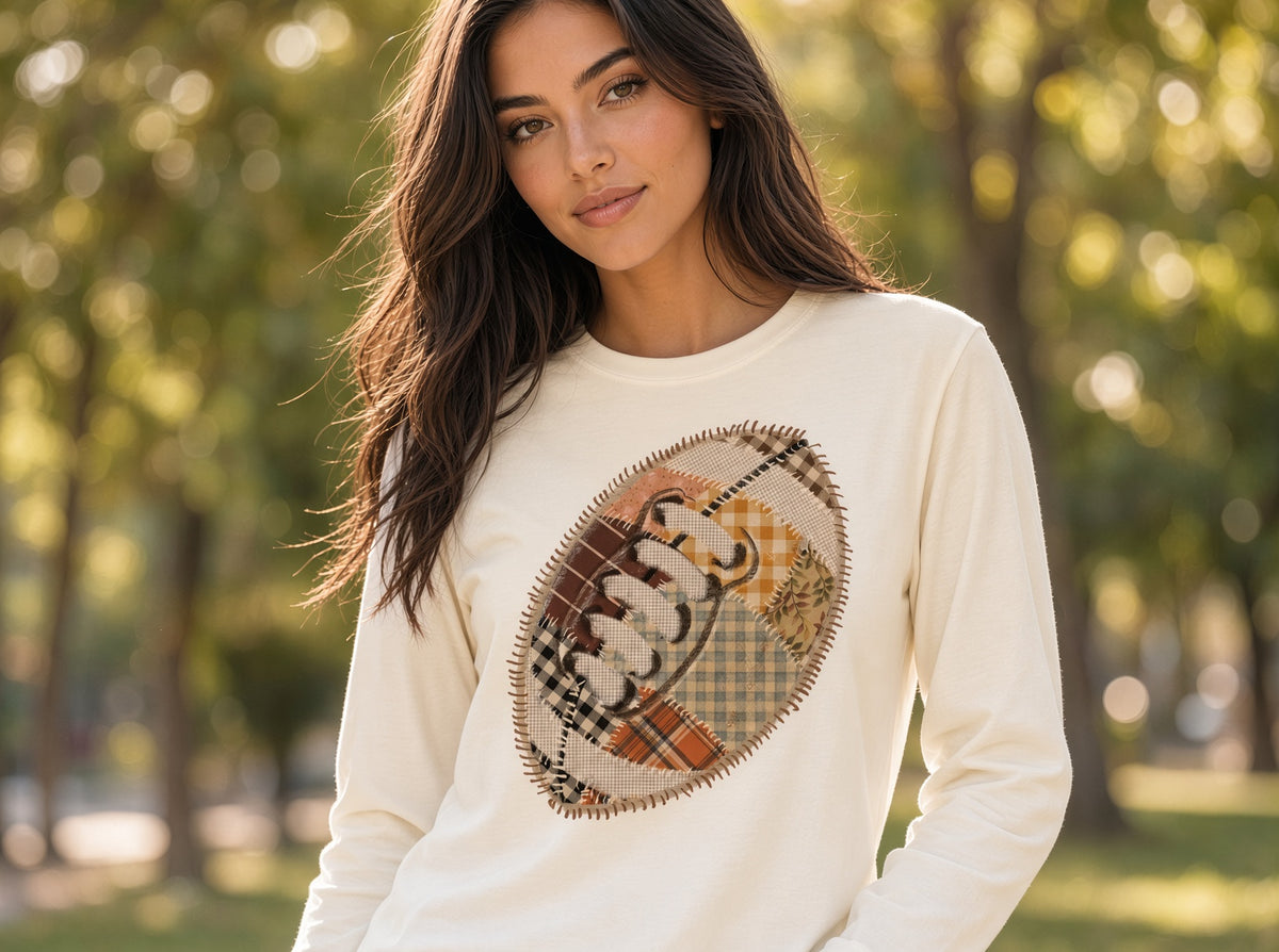 Patch football graphic tee top by Southern Attitude Designs Inc featuring a colorful football patch design on soft fabric.