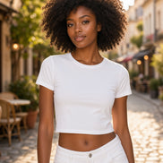Popular 21 crew neck short sleeve cotton crop top, casual top with a fitted style and classic crew neckline.