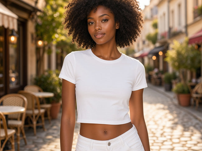 Popular 21 crew neck short sleeve cotton crop top, casual top with a fitted style and classic crew neckline.