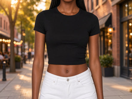 Popular 21 crew neck short sleeve cotton crop top, stylish and comfortable top with a classic design, shown on a model.