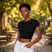 Popular 21 crew neck short sleeve cotton crop top, casual top with fitted style and breathable fabric, shown in a natural pose.