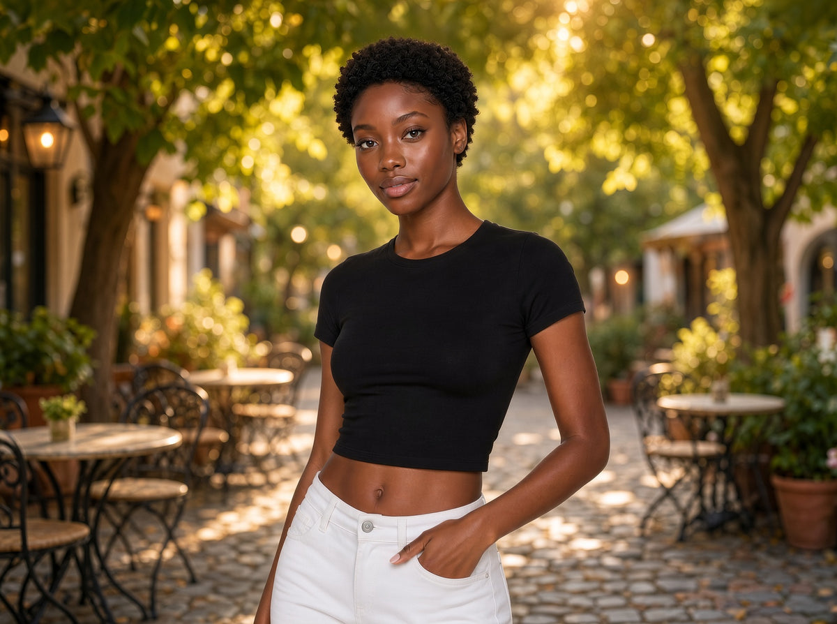 Popular 21 crew neck short sleeve cotton crop top, casual top with fitted style and breathable fabric, shown in a natural pose.